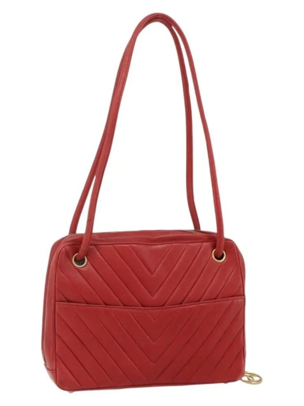 CHANEL V Stitch Shoulder Bag Lamb Skin Gold Red CC Auth mr2345